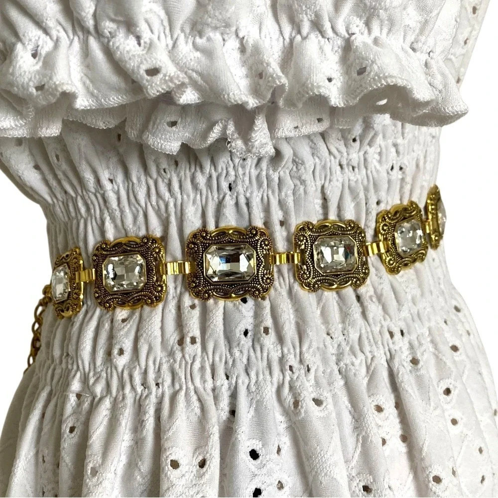 Gold Crystal Concho Chain Waist Statement Belt Formal wedding Bridal party event